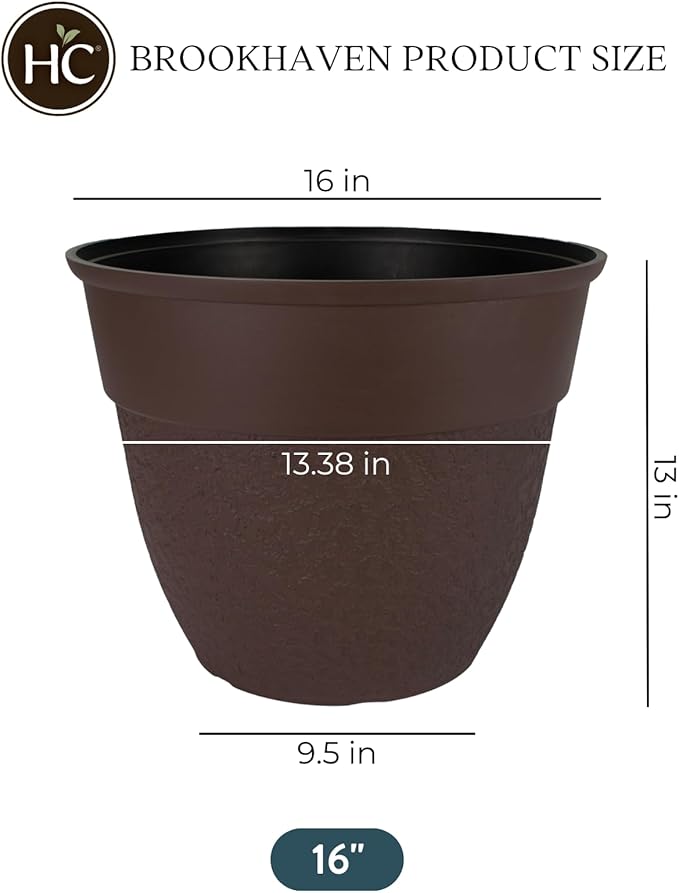The HC Companies 16 Inch Brookhaven Decorative Round Planter - Lightweight Premium Resin Plant Pot with a Stonelike Texture for Indoor Outdoor Use, Brown