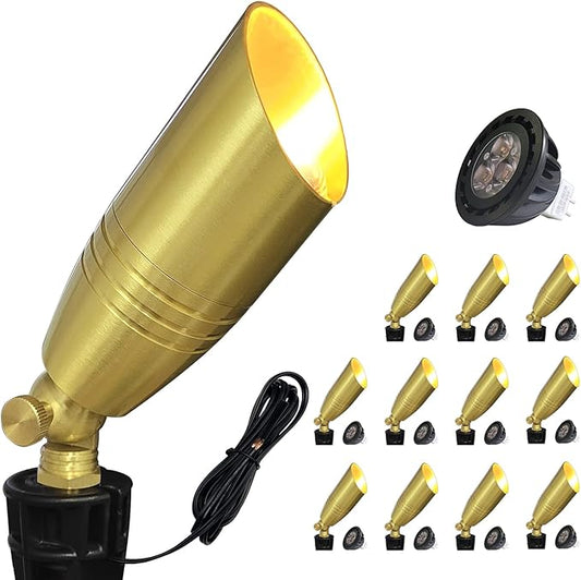 COLOER Die-cast Brass Landscape Spotlight 12-Pack with 5W Aluminum Housing LED MR16 Bulb,12V AC/DC Low Voltage Copper Outdoor Lighting, Directional Garden Patio Spot Up Light (102B Brass Finish)