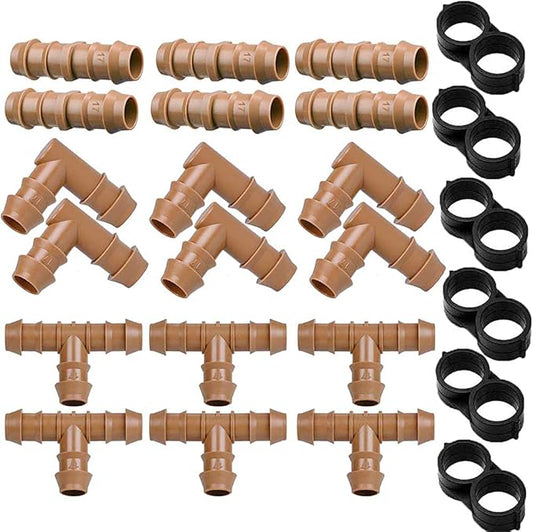 JAYEE 24P Drip Irrigation Fittings Kit for 1/2" Tubing (.600 ID), 17mm Parts- 6 Tees, 6 Couplings, 6 Elbows,6 End Cap Plugs- Barded Connectors for Rain Bird Pipe and Sprinkler Systems (24 Pieces Set)