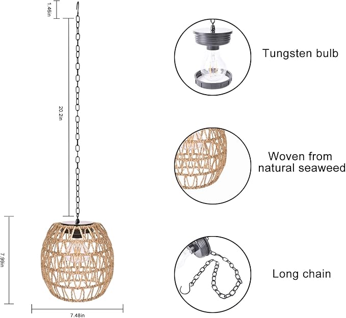 Boho Pendant Solar Light Rustic Hand-Woven Rattan Chandelier Coastal Retro Lamp Wedding Garden Courtyard Hallway Entryway Decoration.