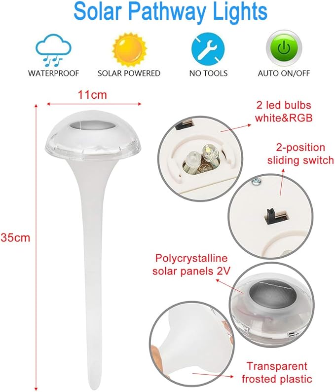 pearlstar Solar Lights Outdoor Mushroom Garden Pathway Lights LED Landscape Lighting Waterproof for Path Lawn Patio Yard Walkway Driveway, 2 Lights Effect,White&Color Changing Light(6pack)