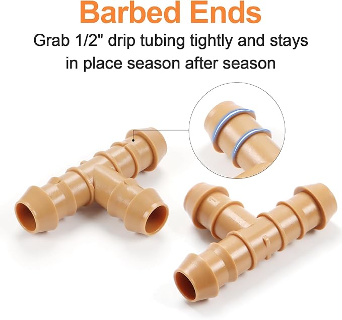 1/2'' Drip Irrigation Tee Fittings, 25 Pieces 1/2'' Drip Line Barbed Tee Connectors Irrigation 3-Way T Parts for 5/8", 1/2", .700" Drip Tubing for Garden Drip Sprinkler Systems