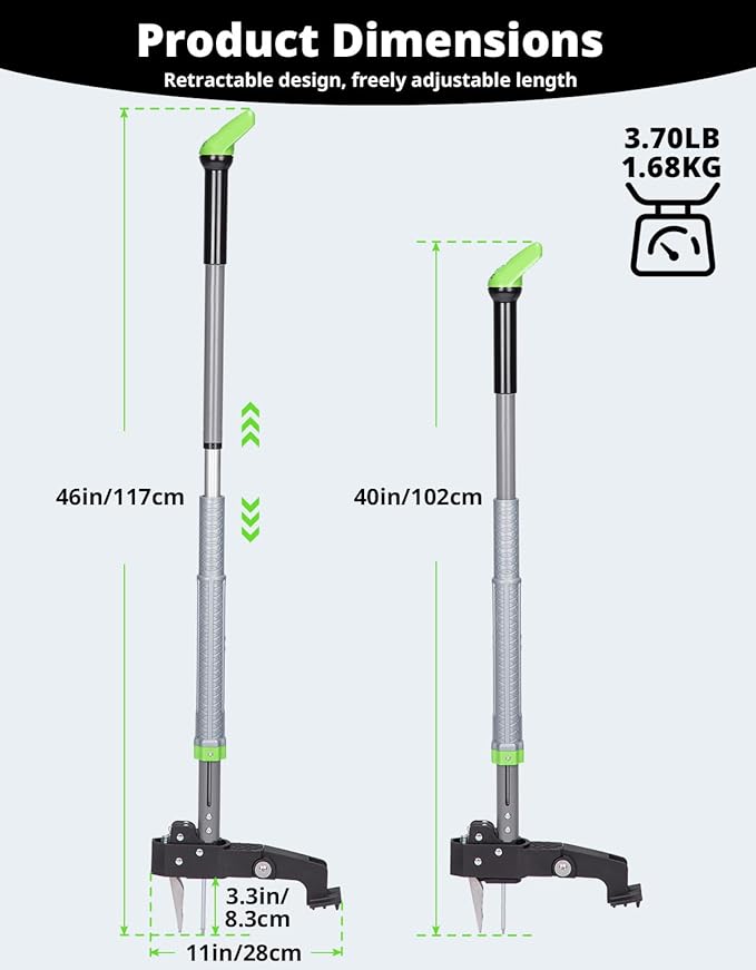 DEERFAMY Heavy Duty Stand Up Weeder Puller Tool, Adjustable 40-46in Ergonomic Long Handle Weeder Tool with 4-Claw Stainless Steel and Easy-Eject Mechanism, Weeding Without Bending, Green
