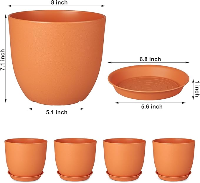 8 inch Plant Pots Set of 4 Pack, Plastic Planters with Drainage Holes and 4 Saucers, Morden Decorative Creation Flower Pots for Indoor & Outdoor Garden House Plants, Orange