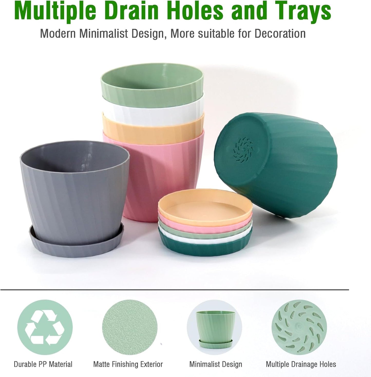 6 Inch Plant Pots Bulk, 6 Pack Plastic Planters with Drainage Holes and Saucers for Indoor Outdoor House Plants and Flowers, Colorful