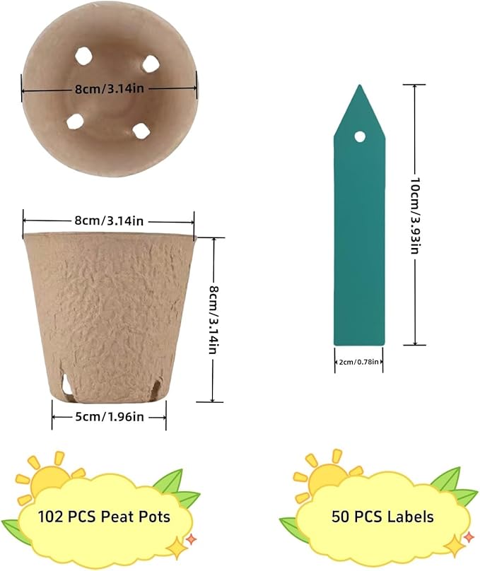 ANGTUO 102 Pcs Peat Pots for Seedlings, 3.14 inch Biodegradable Seed Nursery Pot with Drainage Holes, Seedling Pots Include 50 Labels