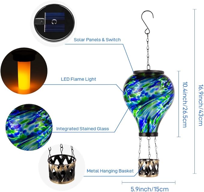 Starsoul Solar Hot Air Balloon Lantern with Flickering Flame Glass Hot Air Balloon Solar Light Waterproof Hanging Outdoor Lantern for Garden Yard Patio Decorations