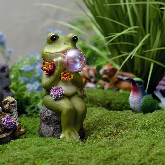 Solar Light Sitting Frog Decoration 5 Warm LEDs Light Sensor for Auto Switch On/Off Outdoor Figurine Lights Colorful IP44 Bubble Ball for Outdoor Décor Housewarming Gift Halloween(RJ-24010A)
