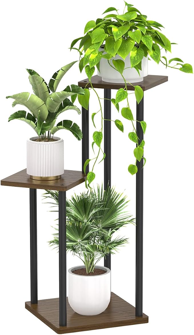 3 Tier Plant Stand Indoor Outdoor, Wood Metal Flower Shelf Pot Holder Clearance, Tall Multiple Plants Corner Rack Aesthetic Organizer for Patio Orchid Office Porch Living Room Garden, Black Oak
