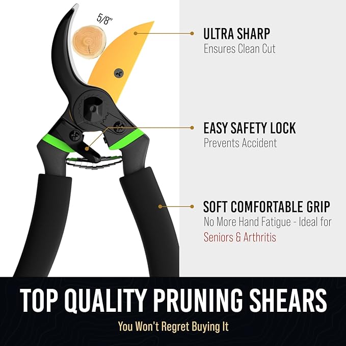 GrowIt 8.5" Professional Titanium Bypass Pruning Shears (T13) - Christmas Stocking Stuffers for Men Women - Super Sharp Premium Garden Shears Clippers Pruners - Garden Scissors Heavy Duty Tool