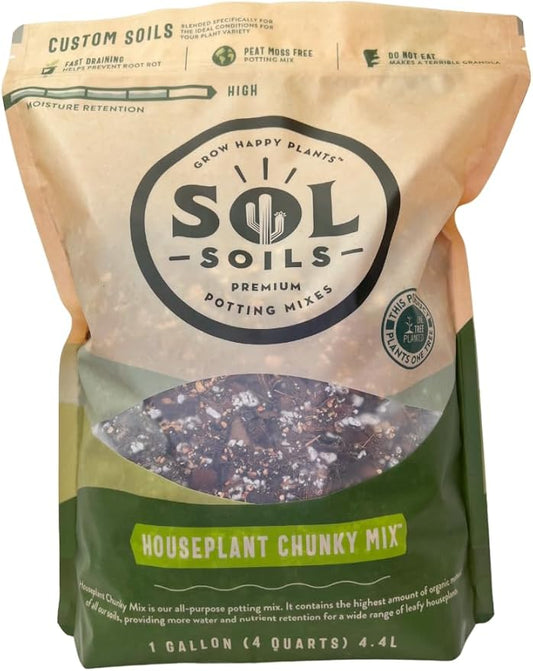 Sol Soils Chunky Houseplant Mix - Fast Draining Soil for Indoor Plants with Coco Coir Chips, Perlite, & Pumice, 1 Gallon