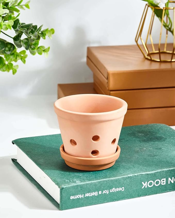 vensovo 4 Inch Terracotta Orchid Pots with Holes and Saucers - 6 Pcs Small Clay Planters for Repotting, Terra Cotta Pot for Plants Indoor and Outdoor Promotes Air Circulation