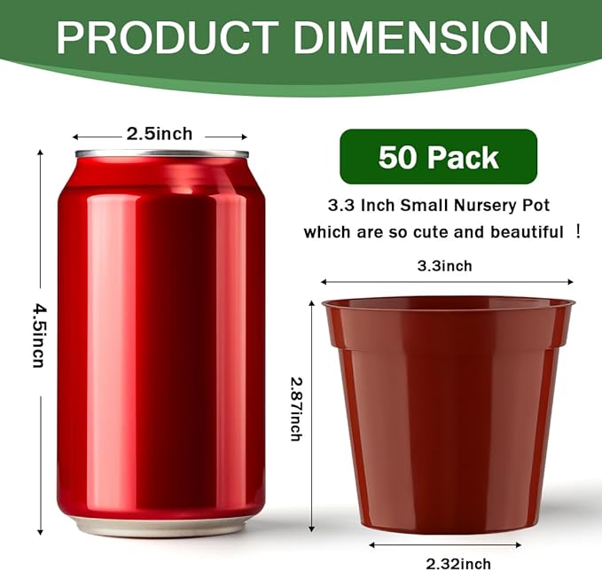 50 Pcs Plastic Plant Nursery Pots, 3.3 Inch Seedling Pots with Drainage Holes, Seed Starting Pots, Small Plant Pot for Planting Flowers Indoor Outdoor, Red