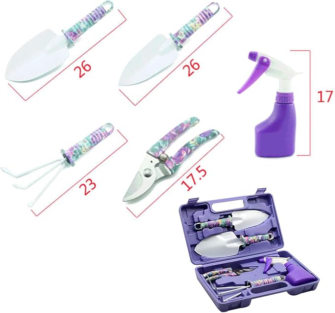 Anti-Rust Garden Tool Set with Carrying Case, 5 Piece Stainless Steel Gardening Kit with Floral Pattern Grass Flower Branch Trimmer Garden Hand Tool Sprayer Farmer Box Gardening Tool for Adults Kids