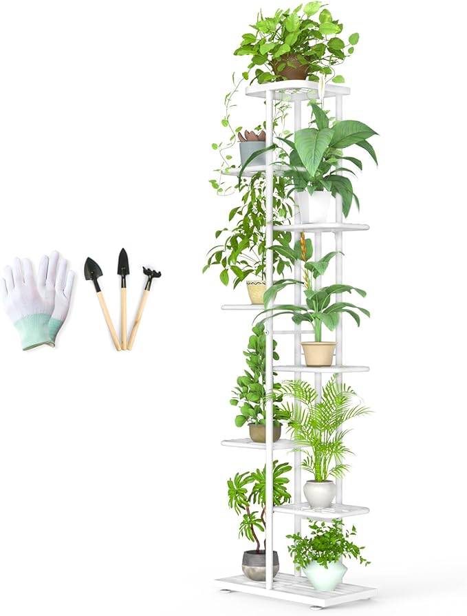 Corner Plant Stand Indoor 8 Tier 9 Potted with Gardening Tools and Gloves, Upgraded Tall Metal Plant Shelf Organizer Outdoor, Multiple Flower Pot Holder Display Rack for Patio, (8 Tier-White)