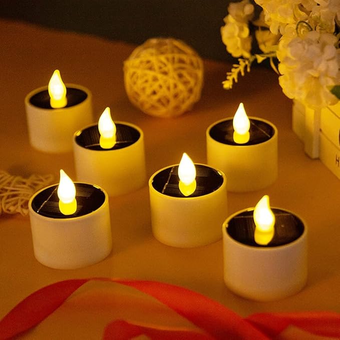 Solar Candle Lights,Flameless Candle Lights,Solar Rechargeable Tea Wax lamp,6 flameless Candle Light, Suitable for Wedding, Valentine's Day, Halloween, Christmas (Small Solar Candle)