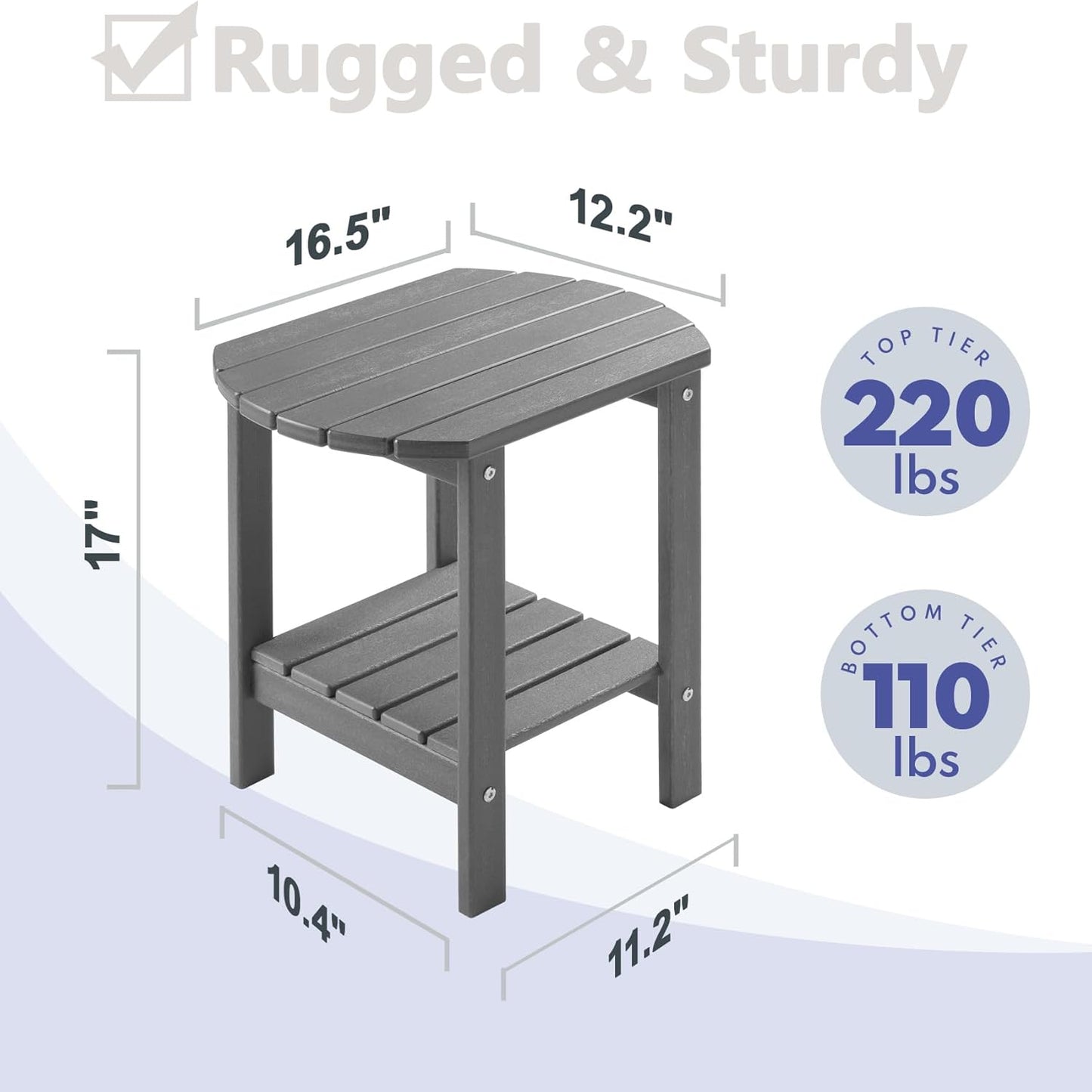 PASAMIC Outdoor Side Table, HDPE Adirondack Oval Side Table with 2-Tier Storage, Weather Resistant Outdoor End Table for Patio, Backyard, Pool, Indoor Companion, Beach, Easy Maintenance Table (Grey)
