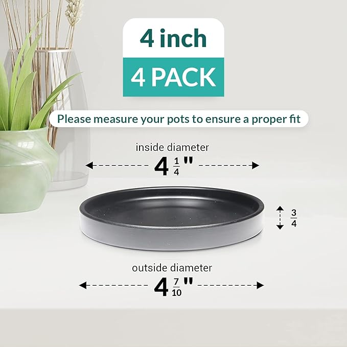 Willowy Black Ceramic Pot Saucer - Drainage Tray for 2,3,4 Inch Planters - Drip Trays - Four Pack