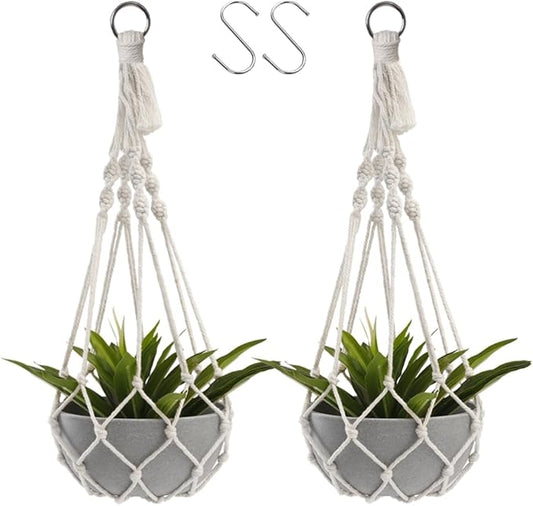 Artilady Macrame Plant Hanger Large Hanging Planter for Indoor Plants Holder White Cotton Rope Hanging Plant Basket Handmade Outdoor Window Boho Plant Wall Decor
