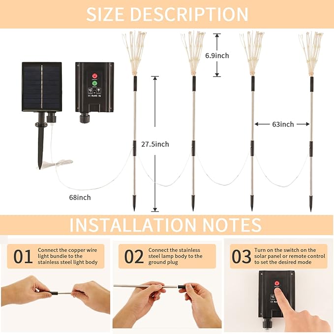 Fireworks Solar Lights Outdoor 4 Pack 480 LED Pathway Lights Solar Powered Starburst Fairy Lights Waterproof 8 Lighting Modes with Remote Control for Patio Christmas Yard Decorative(Multi-Colored)