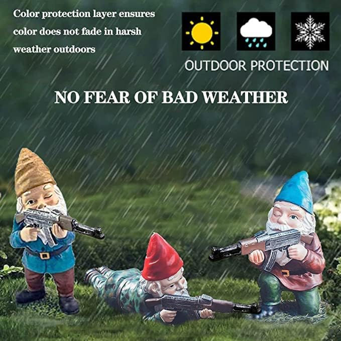Garden Gnomes, 4.5inch Gnome Statues, Military Gnome with Gun, Funny Army Gnomes Decorations for Yard, Indoor Outdoor Halloween Christmas Thanksgiving Gifts (Red+Yellow+Blue)