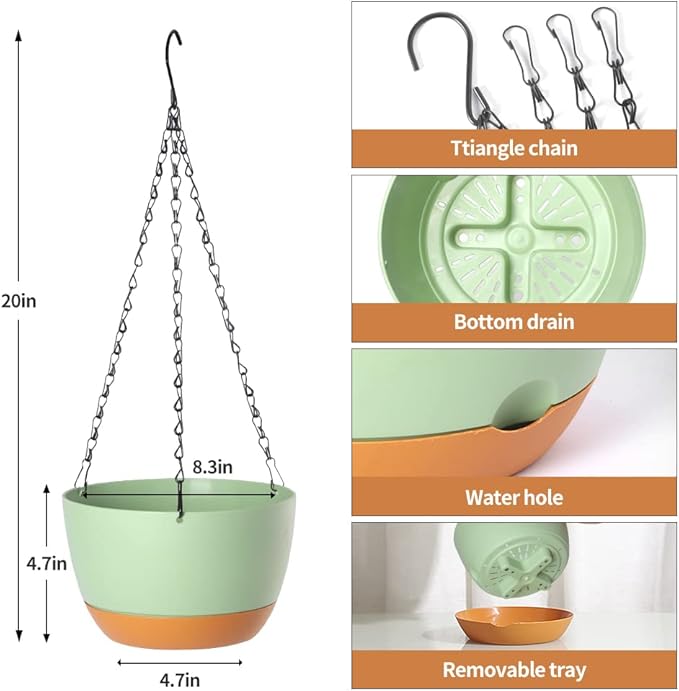 2 Pack Plastic Hanging Planters Set ,8.3 Inch Hanging Flower Plant Pot with Drainage Hole for Indoor Outdoor Plants, Round Hanging Basket with Removable Tray for Home Garden Porch Balcony Patio Decor