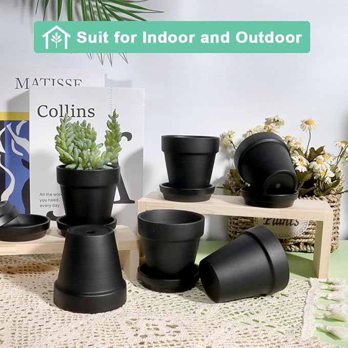 vensovo 3 inch Black Terracotta Clay Pots for Plants with Saucer - 12 Pack Small Terra Cotta Planter Great for Garden Windowsill Indoor & Outdoor Wedding Favors Gifts