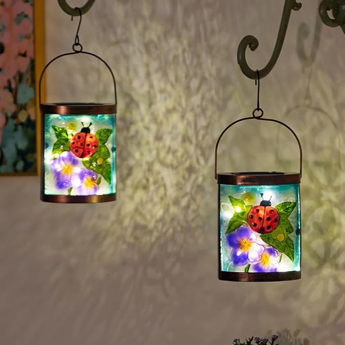 Starsoul 2 Pack Hanging Solar Lantern Outdoor Waterproof Glass Ladybug and Flowers Decorative Solar Lights for Outside Garden Yard Table Patio Decor