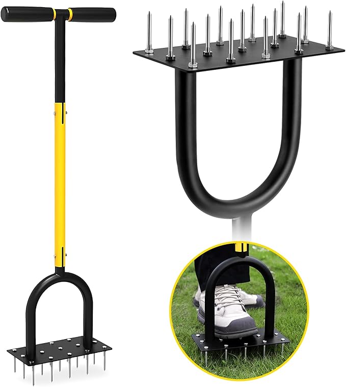 Lawn Aerator Spike Metal Manual Dethatching Soil Aerating Lawn with 15 Iron Spikes, Pre-Assembled Grass Aerator Tools for Yard, Lawn Aeration, Garden Tool, Revives Lawn Health（Black + Yellow01）