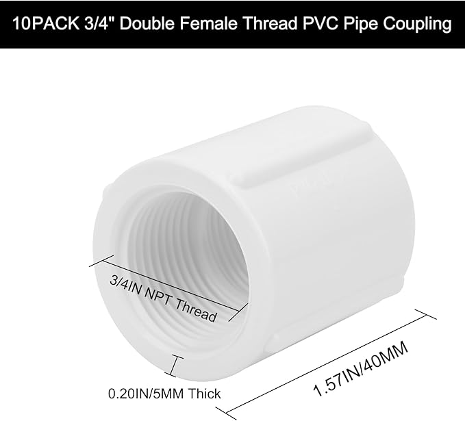 10Pack 3/4" Double Female Thread PVC Pipe Coupling Adapter Pipe Fitting Connector (Female x Female) SCH40 3/4Inch PVC Female Threaded Pipe Coupling for Sprinkler,Irrigation,Swimming Pools