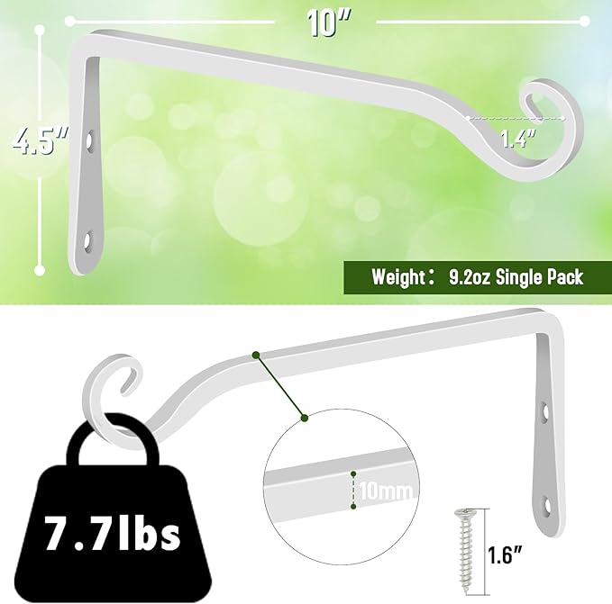 FEED GARDEN Hanging Plant Bracket 10 Inch 2 Pack, Hand-Forged Plant Hanger for Hanging Bird Feeders, Wind Chimes, Flower Baskets, Lanterns, Indoor/Outdoor Use, White