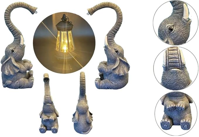 10.6 Inch Statue Elephant with Solar Outdoor Lights for Garden Decor，Lucky Present with Appeal for Birthdays(Man and Women and Family)，Unique Housewarming Presents and Yard Decor. (Gray)