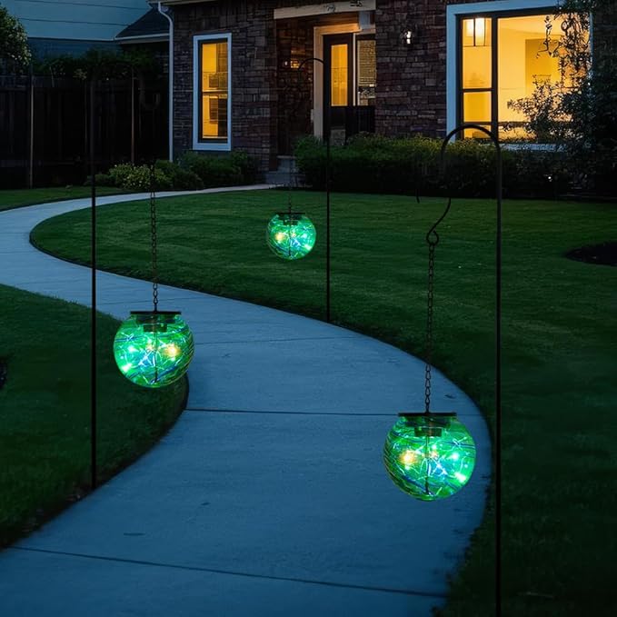 Color Changing Hanging Solar Lanterns Outdoor Waterproof LED Glass Solar Globe Light with S Hooks,Gazing Ball Outdoor Decorative Lanterns for Patio,Pathway,Yard,Garden Decor Gift for Women