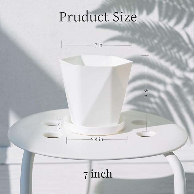 InmeRun Plant Pots Indoor Plastic Flower Pots Outdoor 5 inch Set of 6 Pack with Drainage Holes and Saucers for Garden Pots (7 inch 6white)