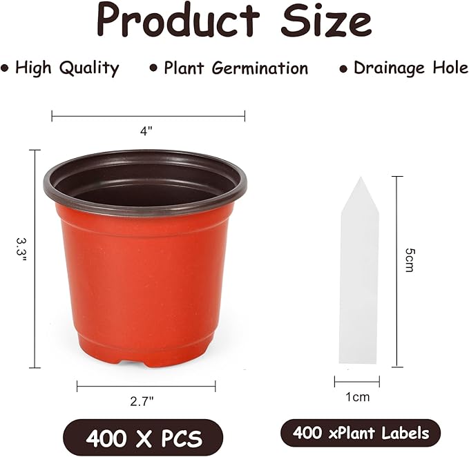 4 Inch 400 Pack Plastic Nursery Pots with Drainage Holes,Plastic Seed Starting Pots Come with 400 Pcs Labels, Reusable Seedling Flower Plant Container for Succulents, Seedlings, Transplanting