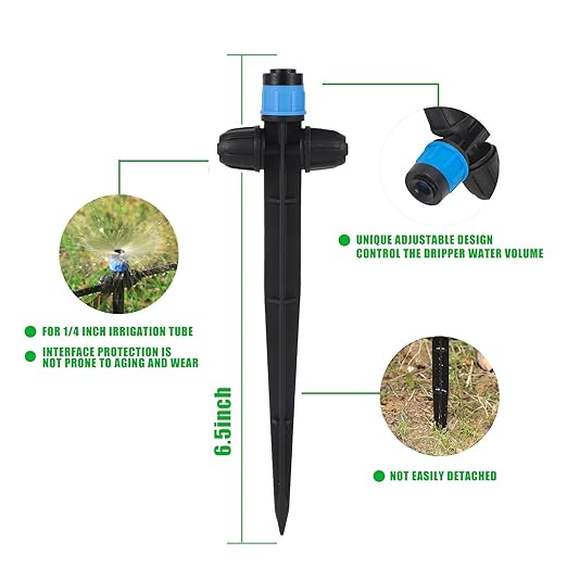 Drip Irrigation Emitters Fan Shape with Stake Adjustable 360Deree Fan Sprayer with Lock Barbed Ideal for (4-7mm) Garden Hose Watering System(25Pcs Drip Irrigation Blue)