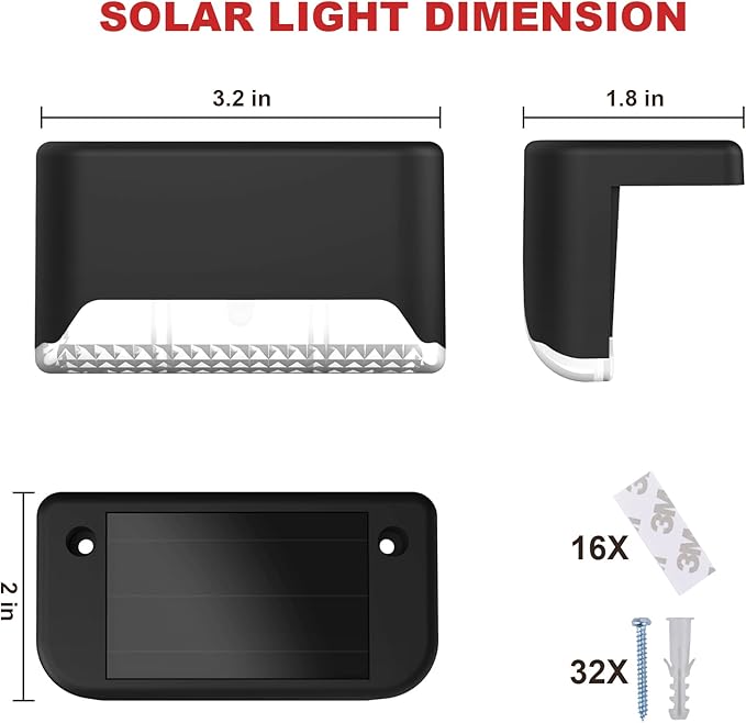 Pearlstar Solar Deck Lights - 16 Waterproof LED Solar Step Lights for Deck, Stairs, Yard, Patio, and Pathway (White, Black)