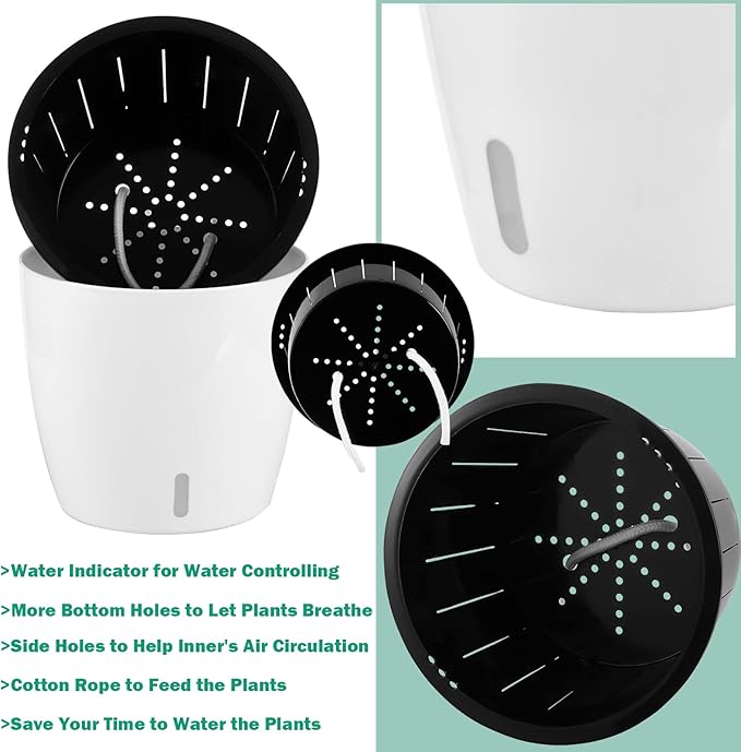Planterhoma 6.7 Inch Self Watering Pots for Indoor Plants, 4 Packs White African Violet Pots with Water Indicator and Black Wick Pots, Self Watering Planters for Devil's Ivy, Indoor Plant Pots