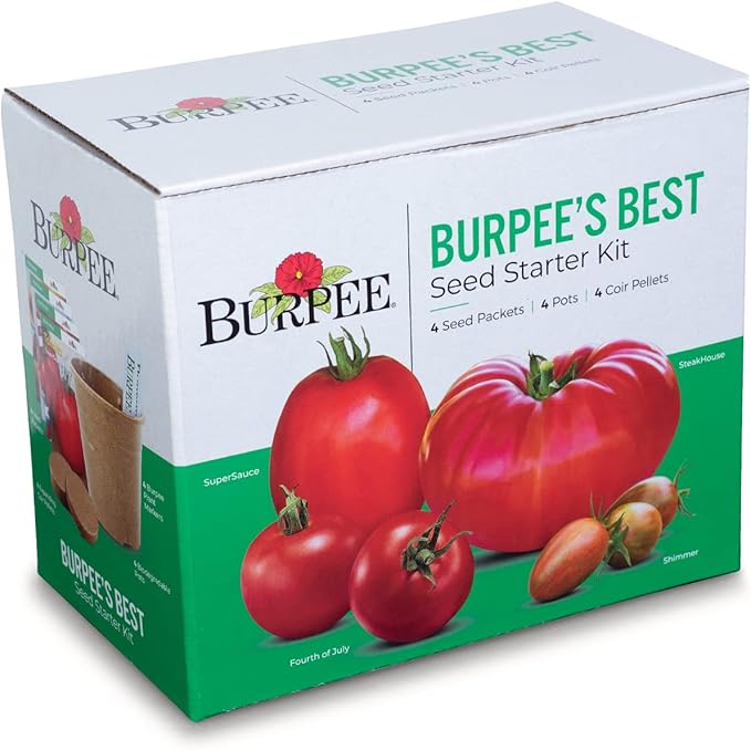 Burpee Best Starter Kit | SuperSauce, Fourth of July, Shimmer & Steakhouse | 4 Tomato Seed Packets, 4 Pots, 4 Coir Pellets & 4 Plant Markers