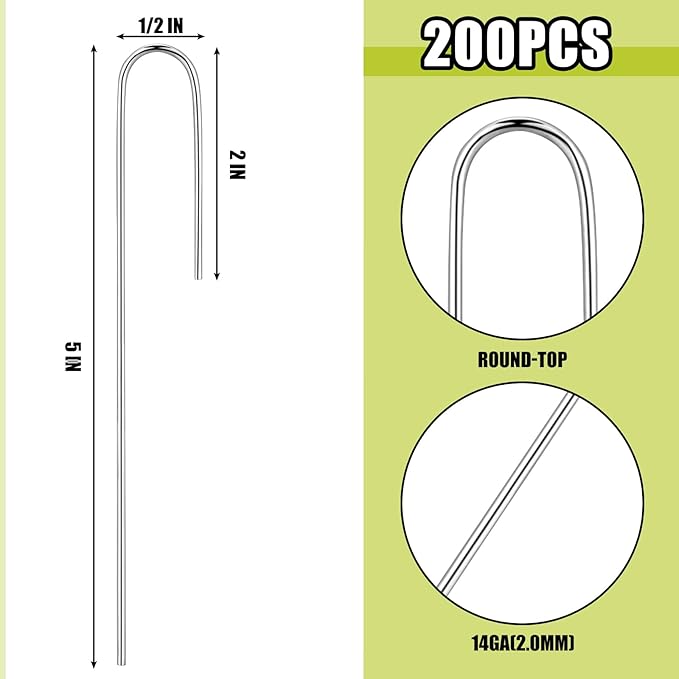 Pelopy 200 Pcs Irrigation Drip Tubing Landscape Staples 5 Inch J Shape Garden Stakes Galvanized Lawn Pins for Drip Tubing (Hold up to 1/2" Drip Tubing)