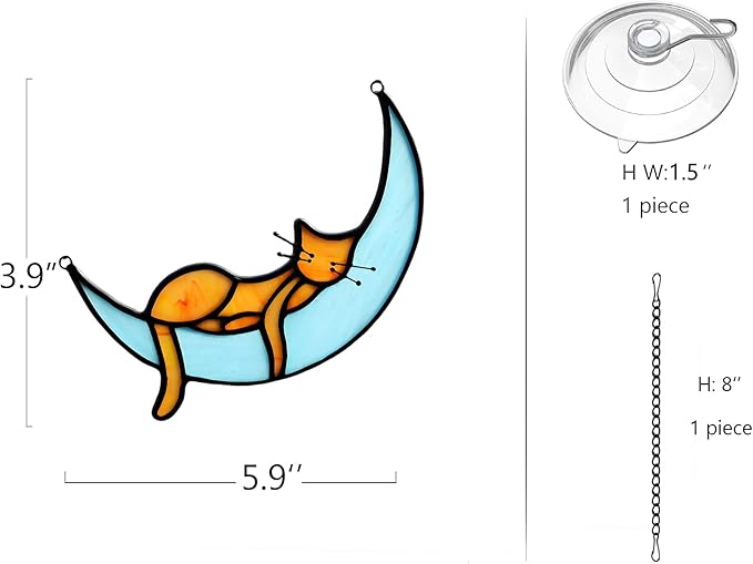 BOXCASA Sleeping Cat Stained Glass Windown Hanging,Orange Cat on Moon Beautiful Handcrafted Sun Catcher Gifts for Daughter,Mothers Day,Christmas and Cat Lover
