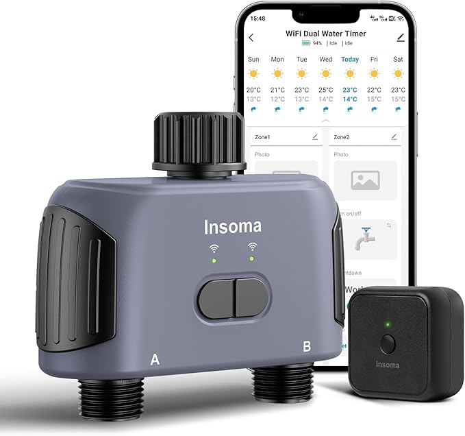 WiFi Water Timer, 2 Zones Sprinkler Timer for Garden Hose, Hose Timer with Wi-Fi Hub, APP Remote Control, Voice Control with Alexa, Rain Delay and Manual Mode for Yard Lawn Watering