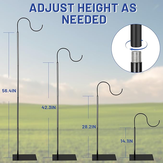 Liitrton 62.6 Inch Shepherds Hooks for Outdoor, Adjustbale Hummingbird Feeder Stand Bird Feeder Pole Wind Chime Stand with Flat Base, 4 Prongs Base and Water Weight Bag