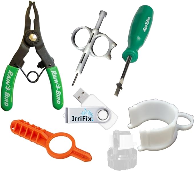 Sprinkler Irrigation Adjustment Tool Set Rain Bird Spray Head Pull Up Tool, Hunter/Orbit Gear Drive Tool, ROTORTOOL, MP Rotator Tool, Hold Up Collar, USB Flash Drive w Instructions