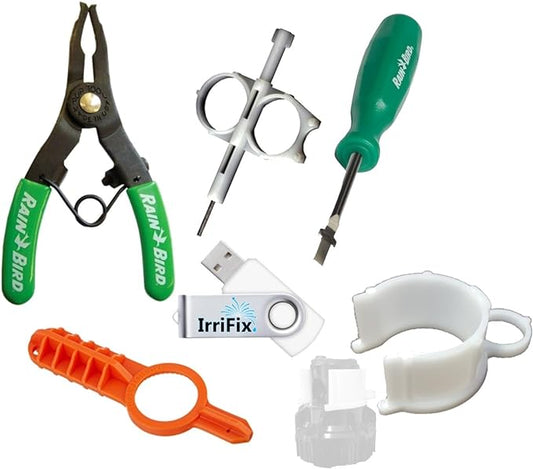 Sprinkler Irrigation Adjustment Tool Set Rain Bird Spray Head Pull Up Tool, Hunter/Orbit Gear Drive Tool, ROTORTOOL, MP Rotator Tool, Hold Up Collar, USB Flash Drive w Instructions