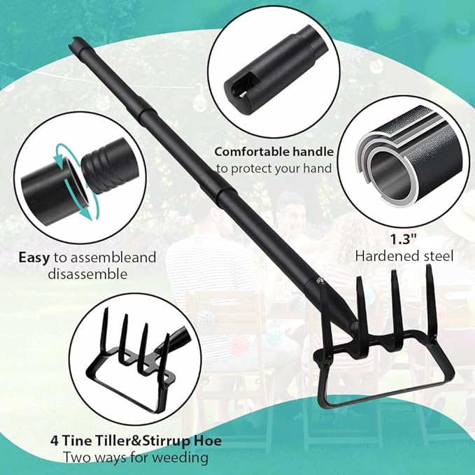 Upgraded Stirrup Hoe and Cultivator,Garden Hoe with Adjustable Handle for Weeding,Digger,loosening Soil,Metal Garden Hula Hoe with Rake Tiller Cultivator (30-62 Inch)