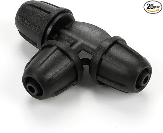 1/4 Inch Drip Irrigation Tee Fittings, 25 Pieces 1/4'' Drip Line Barbed Locked Tee Connectors for 1/4 Inch Irrigation Tubing Anti-leak 3-Way Irrigation Parts for Garden Drip Sprinkler Systems