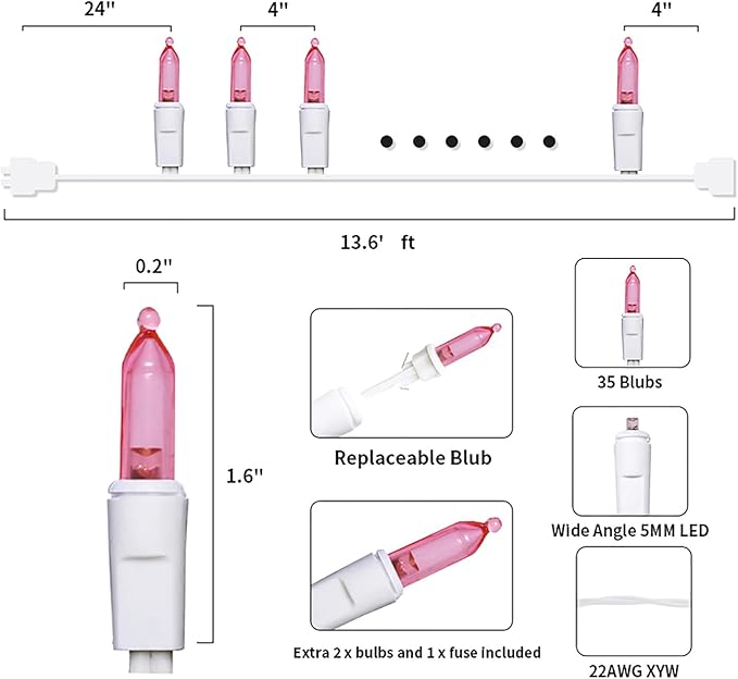 Pink LED Christmas Lights - 35 Count Pink Christmas String Lights for Small Tree, Crafts, Bedroom, Wedding, Indoor and Outdoor Valentines Day Decorations, 11 Feet White Wire, UL Certified, Connectable