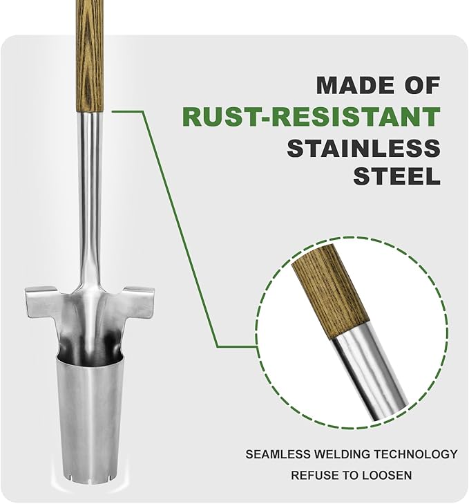 Long Handled Bulb Planter Tool, 37'' Bend-Proof Stainless Steel Bulb Planter, 4'' Depth Mark Long Handled Hole Digger, Bulb Planter with Comfortable T-Shape Long Wood Handle for Planting Tulip