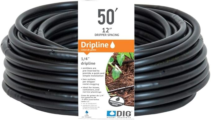 DIG SH50, 50', ¼" MICROLINE Dripline -12” Spacing, .52 GPH, .170 ID x .250 OD, Color Black – UV Protected Drip Line